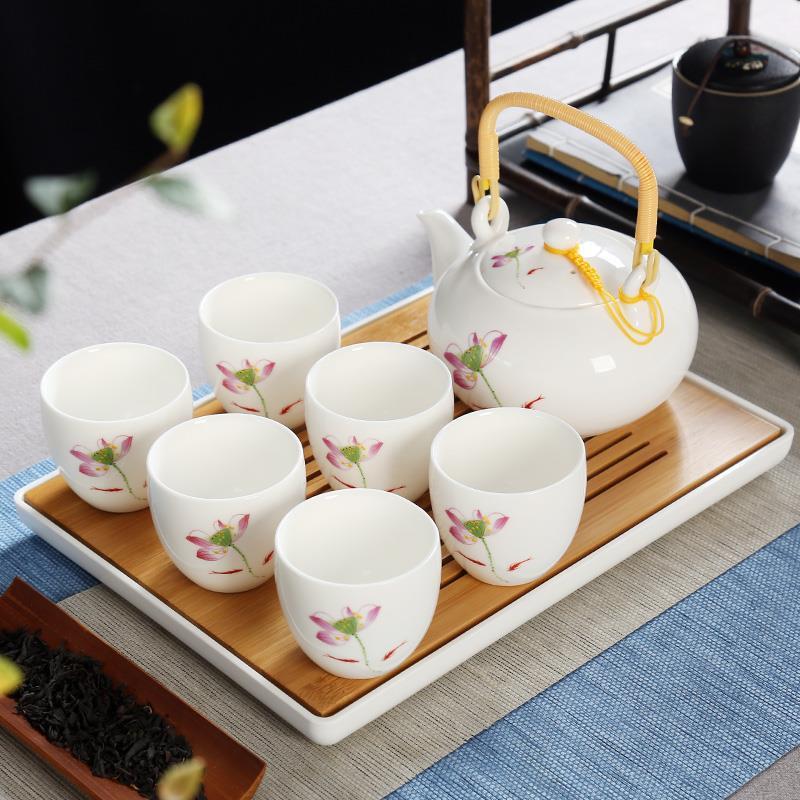 德化羊脂玉瓷提梁壶功夫茶具套装家用陶瓷泡茶壶茶杯白瓷整套