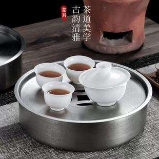不锈钢茶盘加厚304潮汕复古仿锡干湿泡台圆形壶承功夫茶船小茶台