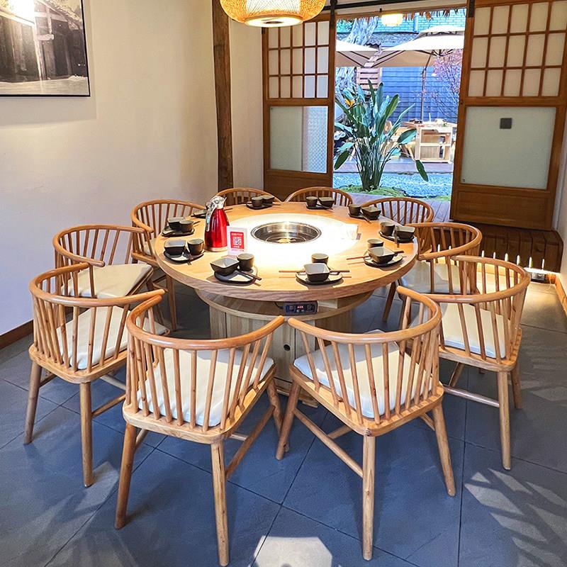 火锅店大理石火锅桌子电磁炉一体商用岩板无烟火锅圆桌餐桌椅组合