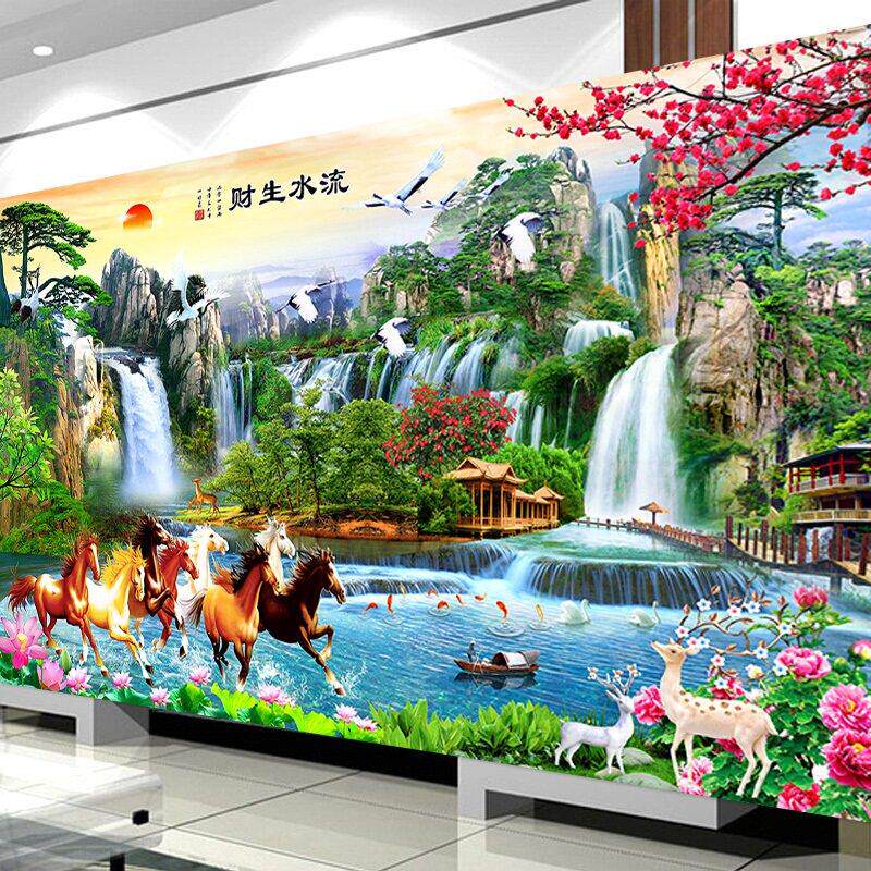 2025新款钻石画客厅满钻流水生财山水风景大画点钻马到成功十字绣