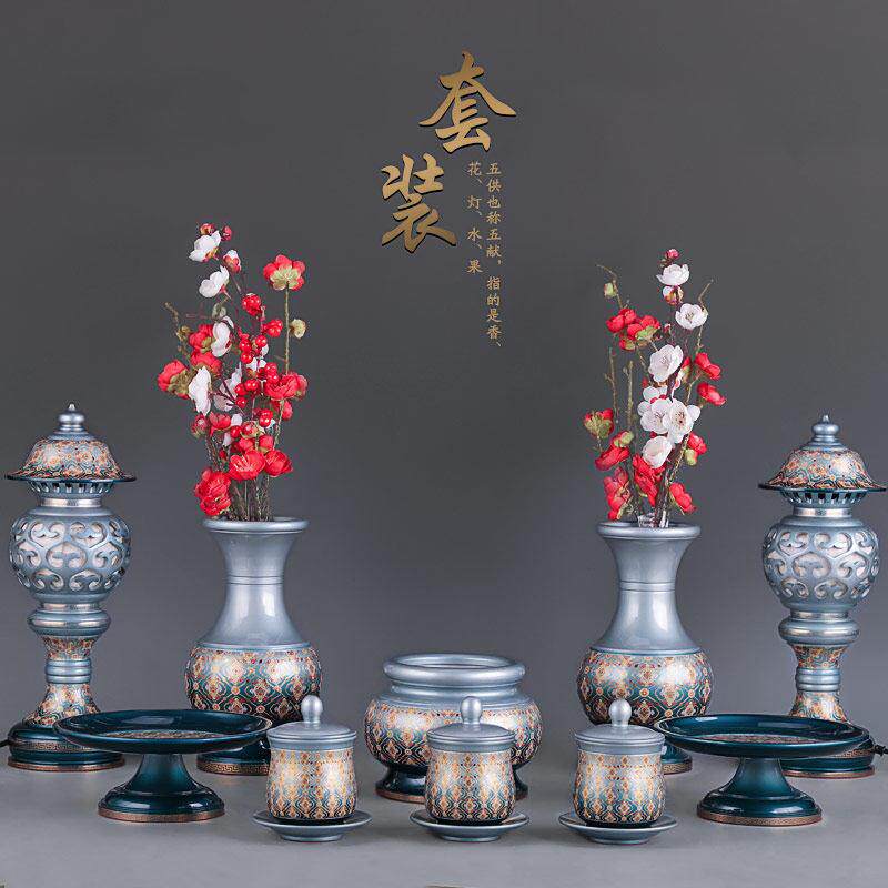 台湾纯铜佛具套装供佛用品家用全套敬神供神佛前香炉供水杯供佛灯