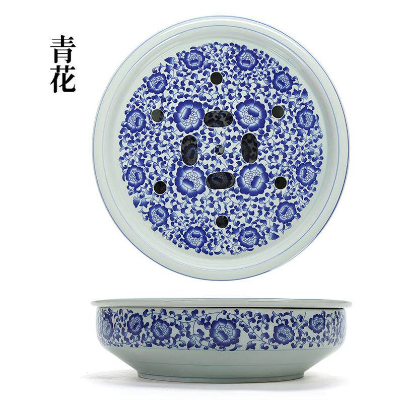 陶瓷茶盘中式覆古青花瓷圆形蓄水式中号茶船茶海功夫茶具托盘家用
