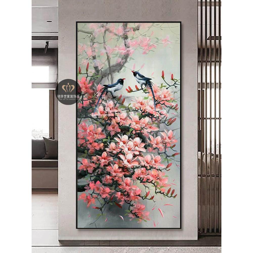 喜上眉梢装饰画新中式桃花玄关壁画客厅植物花卉喜鹊寓意好挂画