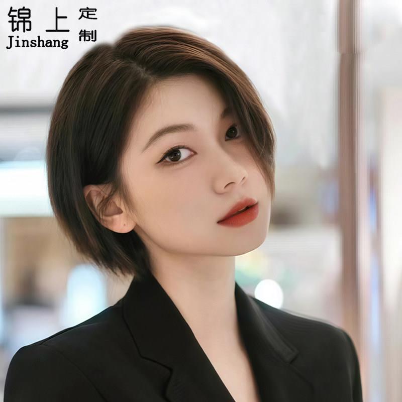 短发假发夏天薄款假发女全头套自然减龄偏分短发真人发丝整顶假发