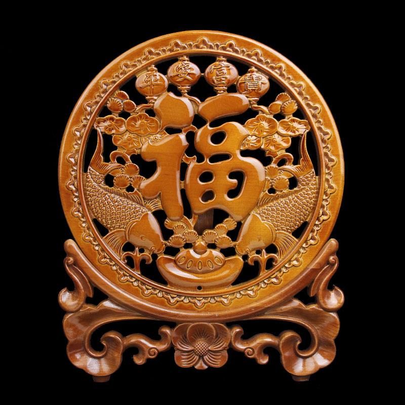 肥城桃木福字摆件麒麟富贵有鱼龙凤呈祥木雕家居玄关装饰工艺礼品
