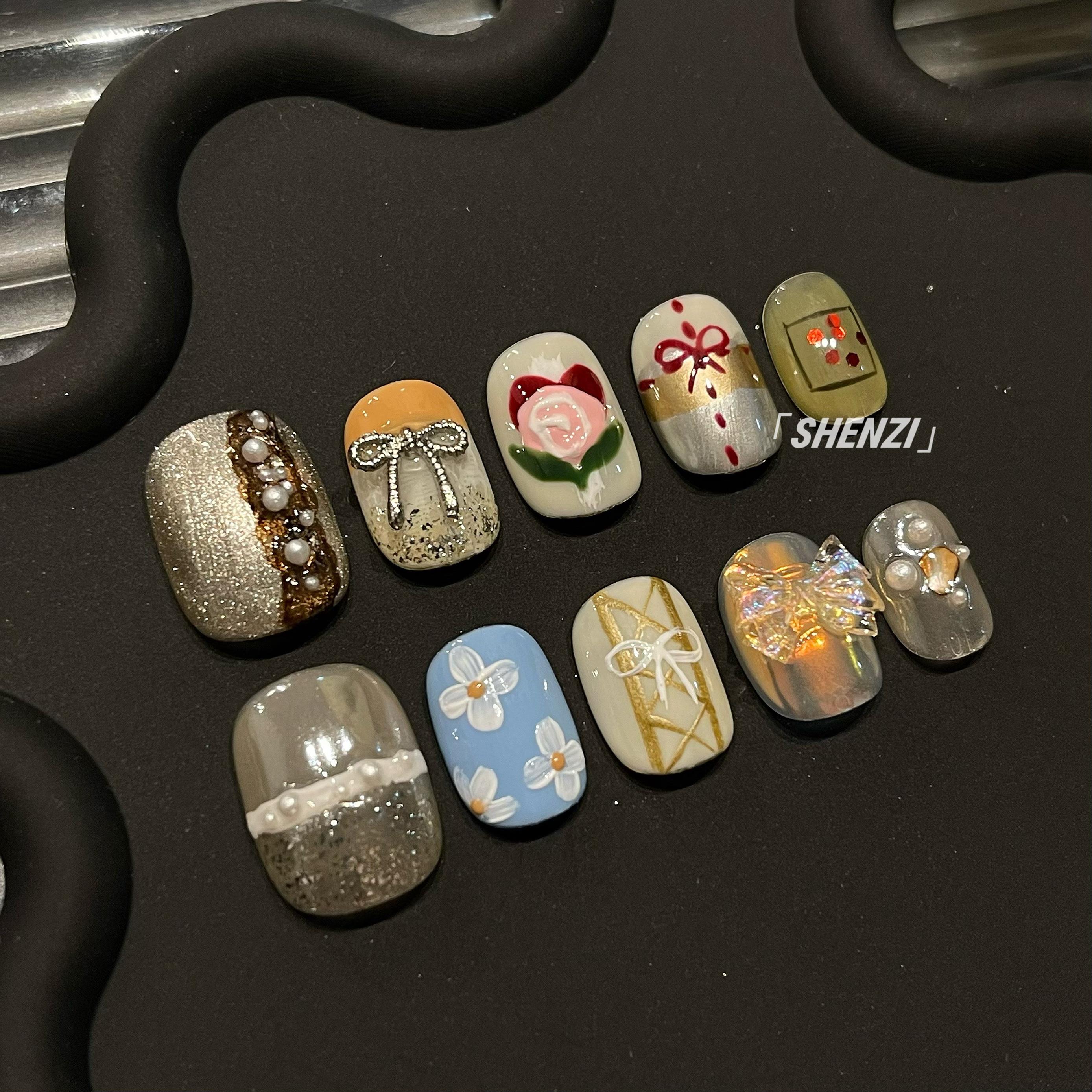 文艺覆古雏菊蝴蝶结穿戴甲纯手工小众设计感高级气质优雅新款手绘