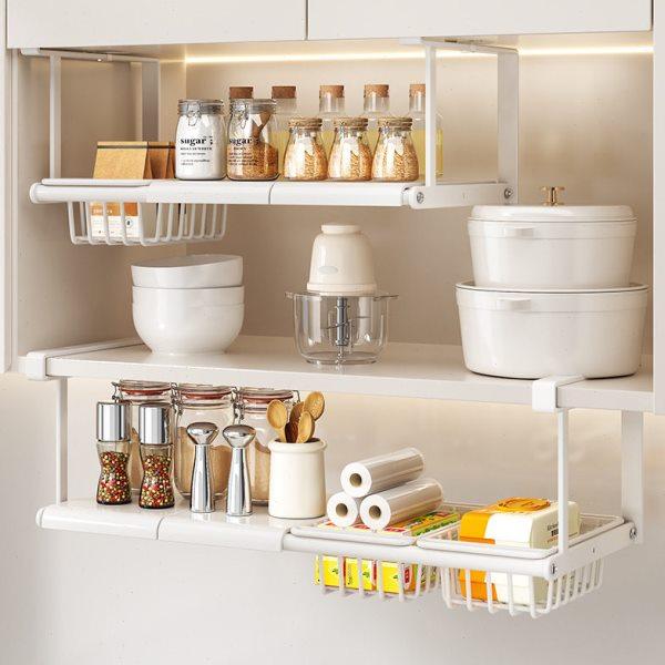 严选可伸缩置物架柜子内分层悬挂篮多功能免打孔橱柜下挂架收纳筐,收纳整理,化妆品收纳架,淘宝优惠券,粉丝福利购,淘宝优惠卷