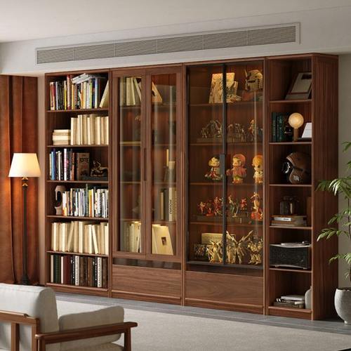 黑胡桃木展示柜书房置物实木组合书柜玻璃门收纳柜客厅家用落地柜