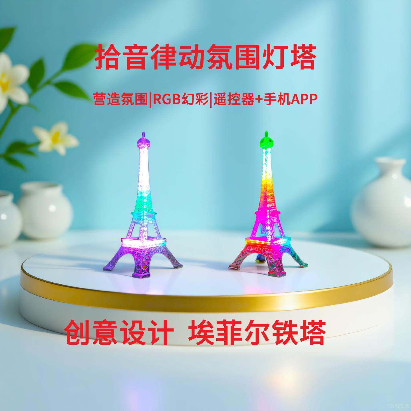 音乐拾音灯塔声控频谱氛围旋律节奏rgb七彩感应灯艾菲尔铁塔桌面