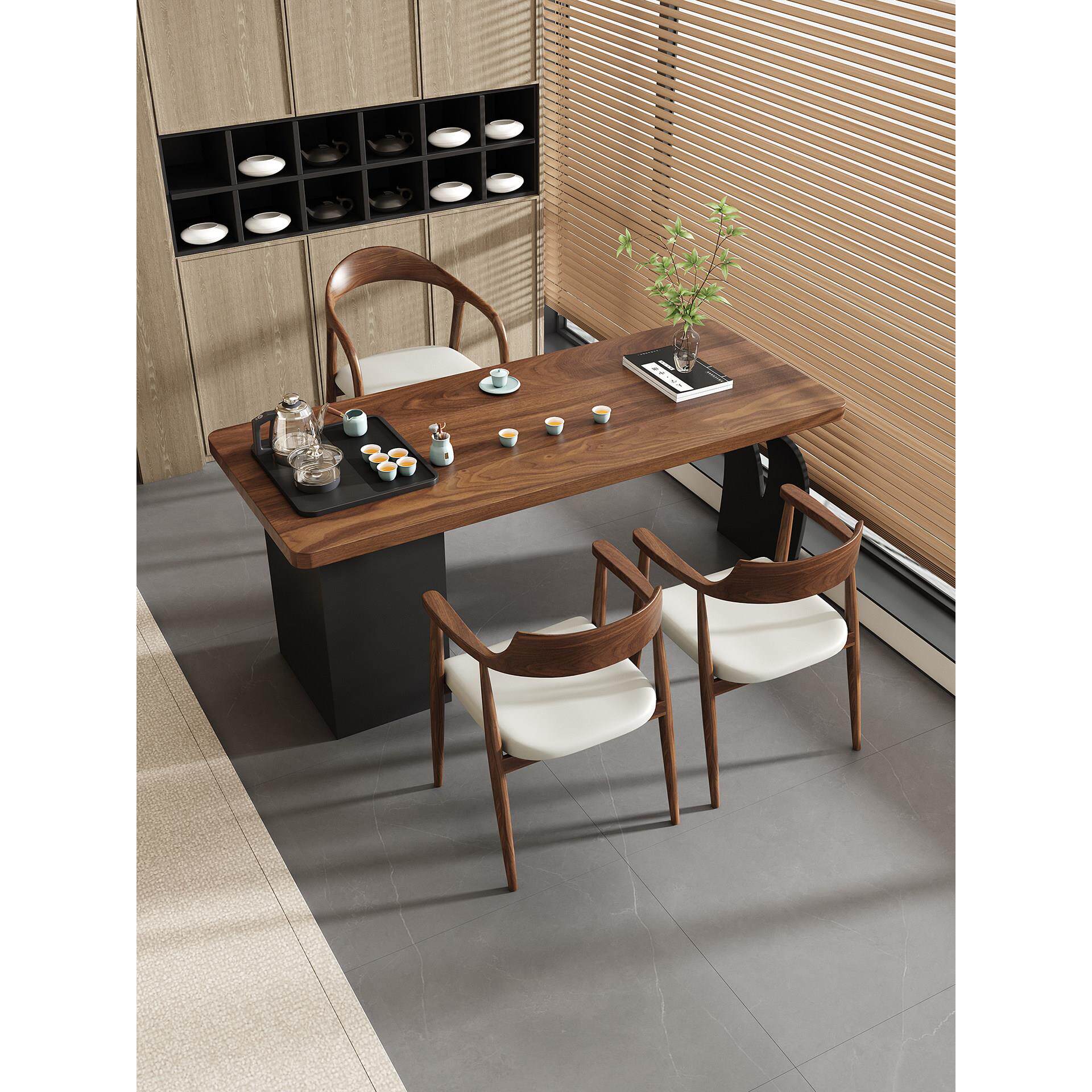 南美胡桃木轻奢高级感实木小型阳台茶桌椅组合办公桌带茶台一体式