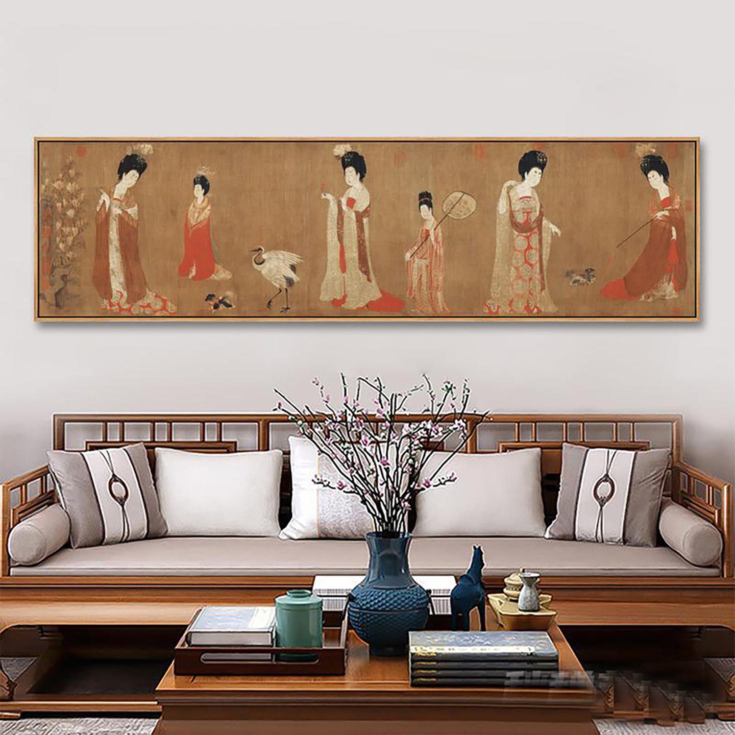 簪花仕女图挂画唐代美女人物画新中式客厅装饰画复古餐厅画床头画