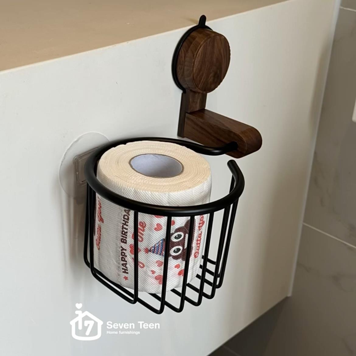 壁挂纸巾架厨房免打孔浴室吸盘卷筒卫生纸架覆古轻奢纸巾篓胡桃木