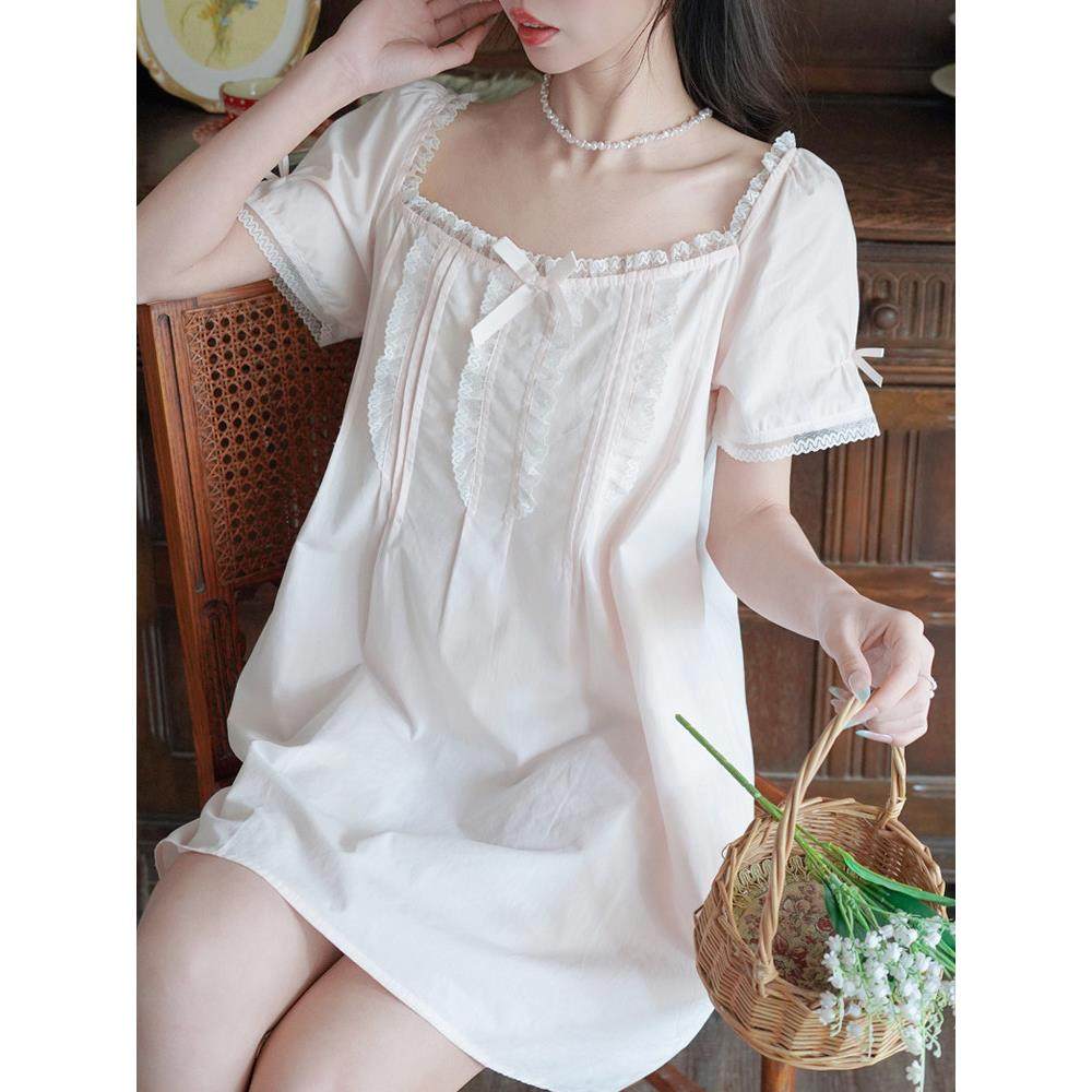 甜美法式睡衣女款夏季洛丽塔纯棉仙女覆古宫廷风短袖粉色睡裙短款