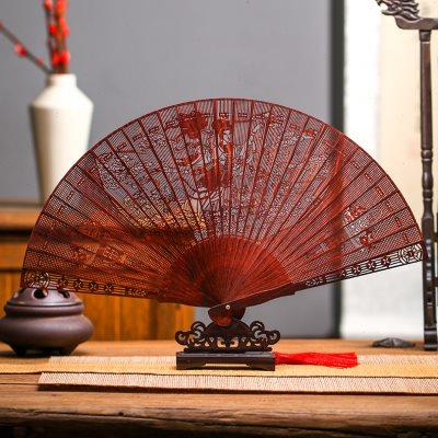 檀香紫檀扇子镂空折扇古风小叶金丝楠乌木黄花梨高端中国风苏扇