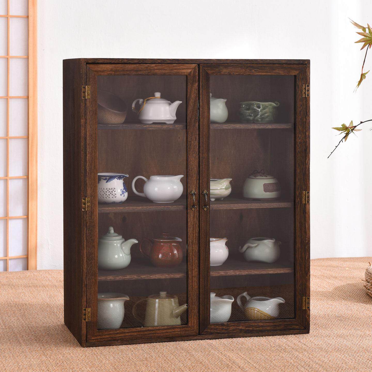 实木茶杯博古架桌面收纳柜茶具防尘玻璃化妆品展示茶柜茶壶置物架