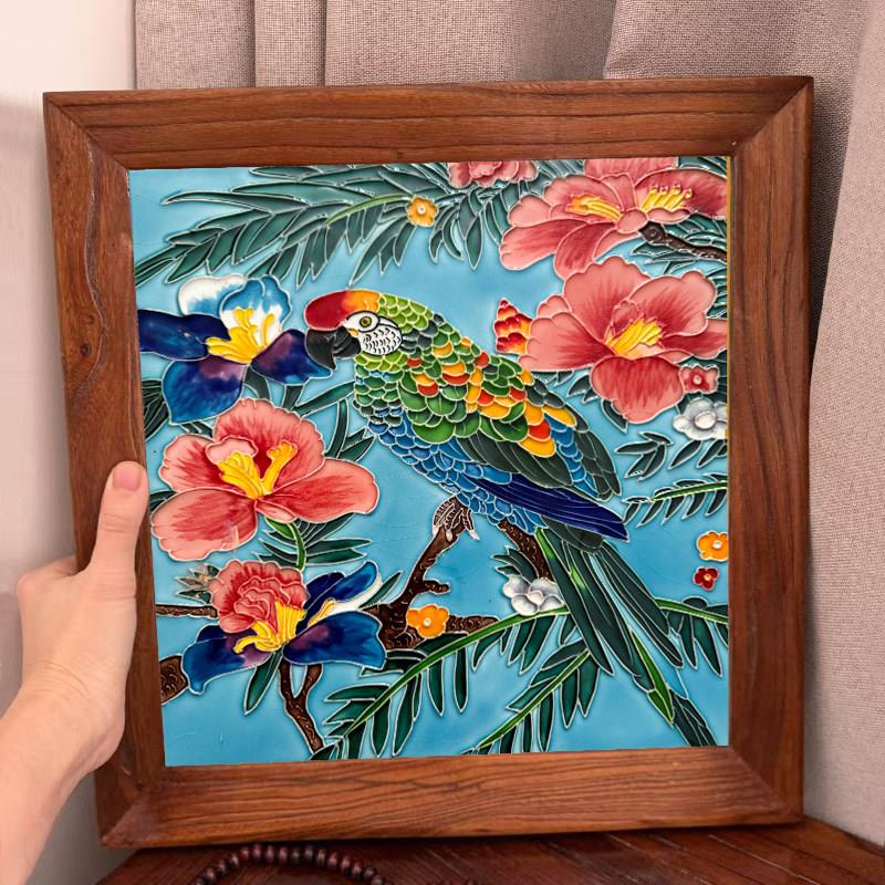 立体浮雕手绘陶瓷画搭配风化老榆木实木画框客厅复古装饰画新中式