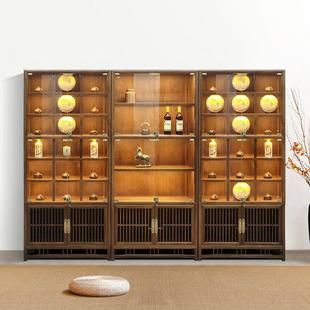 茶室客厅茶叶展示柜玻璃带灯多宝阁茶具陈列置物架 博古架实木中式