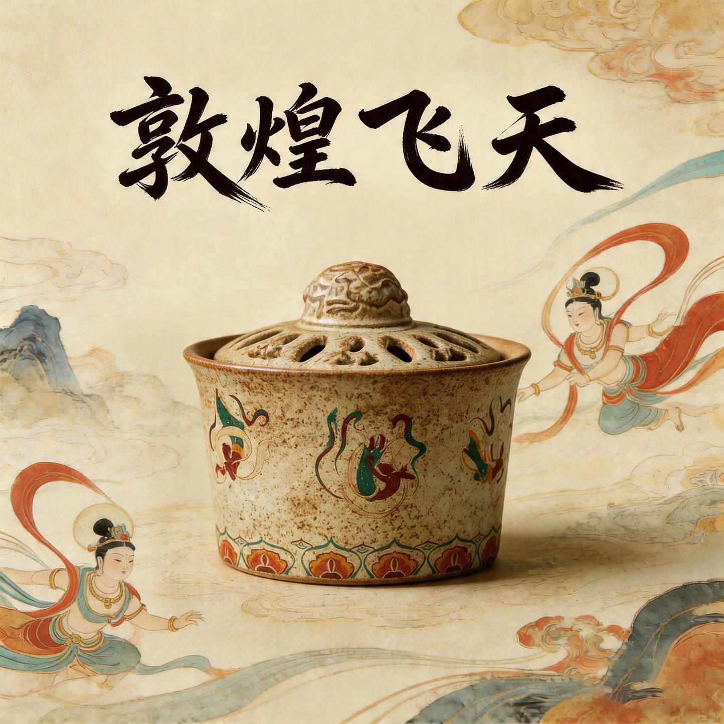 敦煌文创飞天侍女香炉中式茶道摆件陶瓷线盘香熏炉复古香托香底座