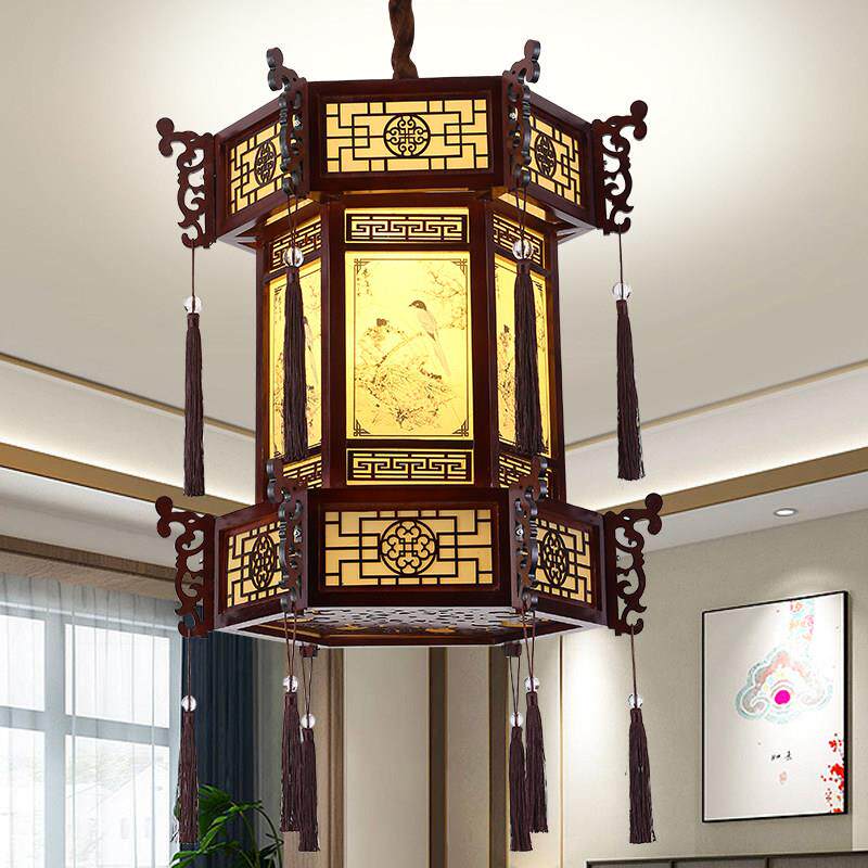 中式仿古实木吊灯别墅寺庙祠堂长廊凉亭古风建筑工程六角灯笼宫灯