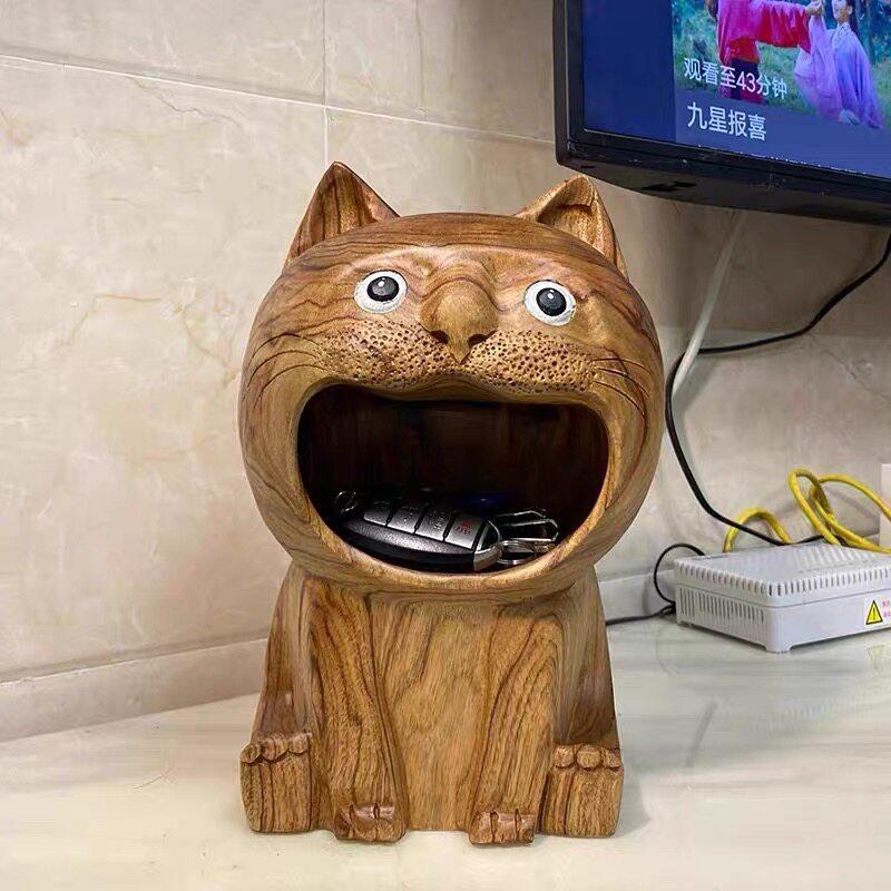 实木招财猫可爱家居摆饰玄关装饰开业送礼祝福大嘴猫木雕钥匙收纳