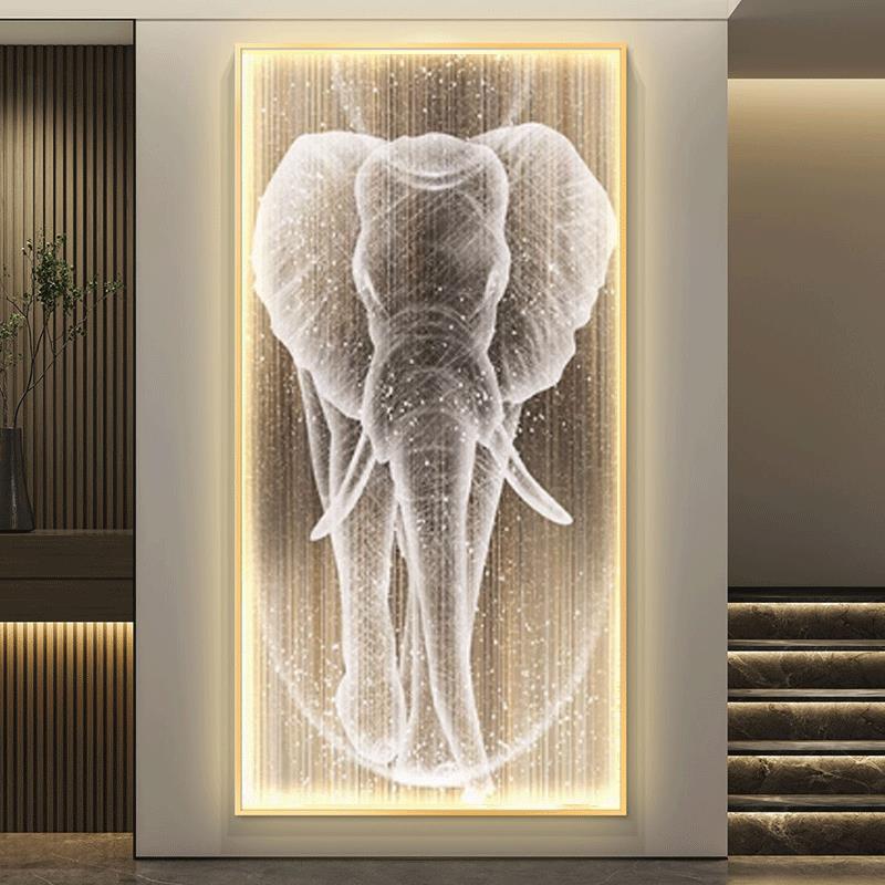 新款大象玄关装饰画壁带灯led发光走廊过道客厅轻奢高级挂画