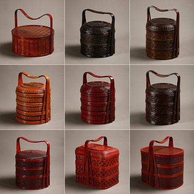 手工竹编提篮覆古食盒带盖子多层送餐篮户外手提盒野餐篮红色婚庆