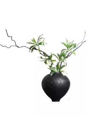 覆古圆肚花瓶木质侘寂风插花器摆件客厅餐桌装饰桌面轻奢高级黑色