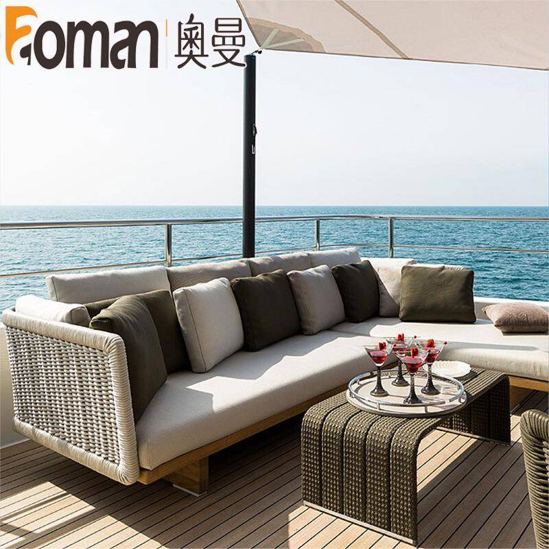 户外藤编沙发庭院室外休闲露台阳台酒店防水晒设计师藤椅柚木家具