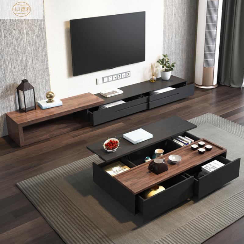 现代简约黑色电视柜小户型茶几电视柜伸缩高级感客厅电视机落地柜