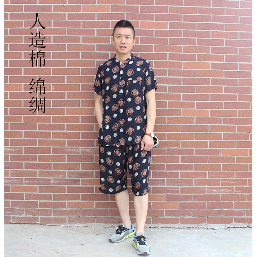 中老年男棉绸睡衣男老年人绵绸短袖开襟外套爸爸套装薄人造棉家居