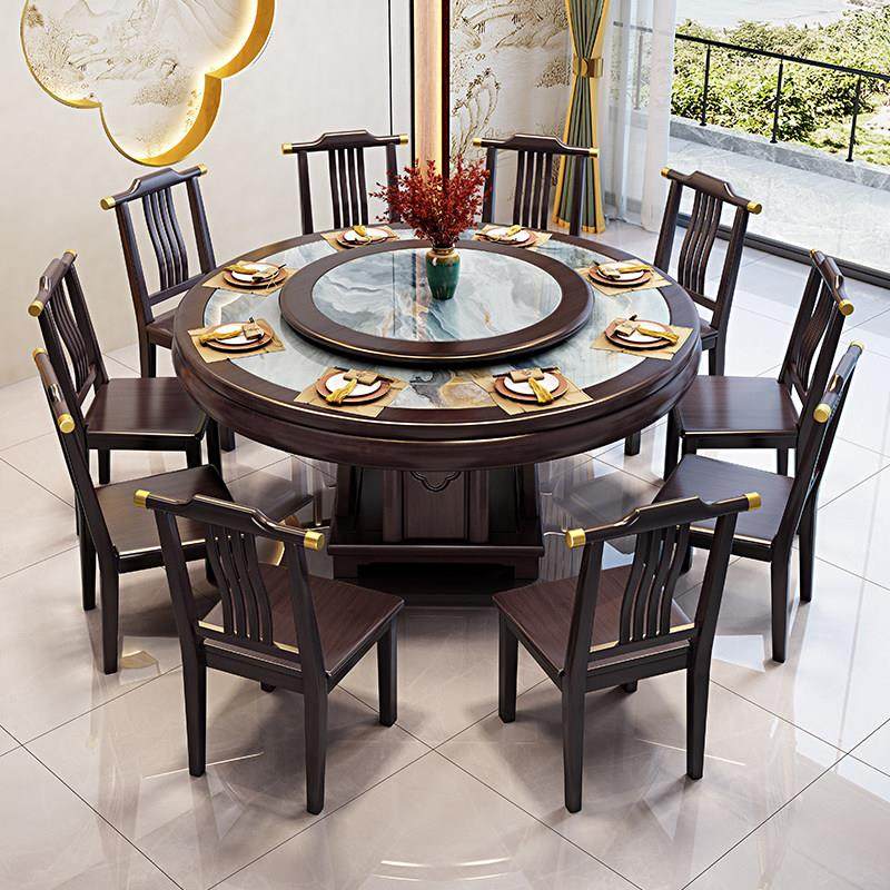 实木内嵌岩板圆餐桌椅组合新中式大圆桌带转盘家用饭店2m火锅饭桌,住宅家具,实木餐桌,淘宝优惠券,粉丝福利购,淘宝优惠卷