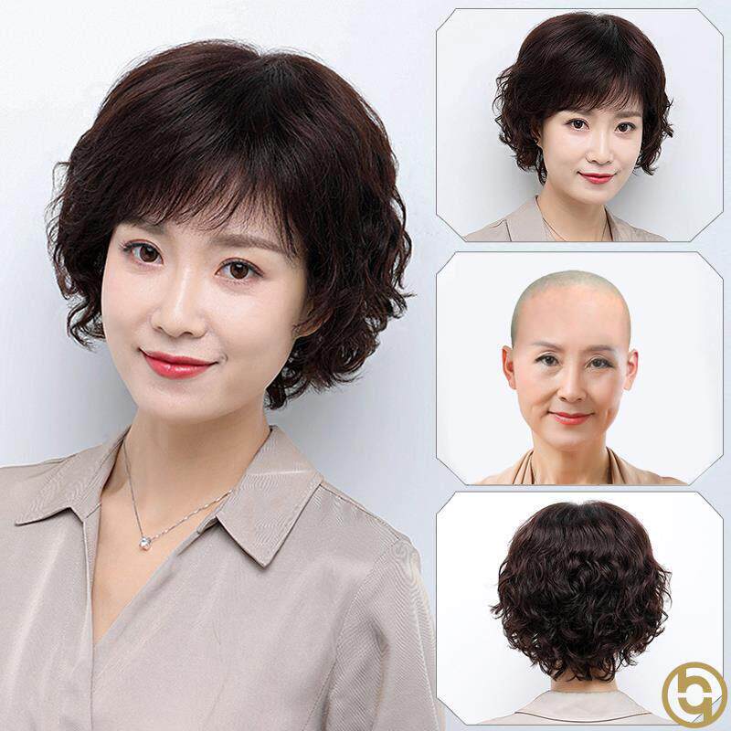 真人发假发整顶中老年妈妈款光头帽短卷发套增补发量