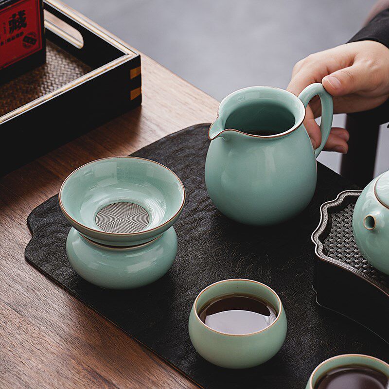 汝窑公道杯带手柄天青茶海单个家用陶瓷功夫茶具分茶器开片茶漏组