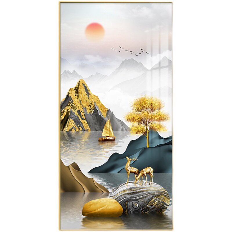 旭日东升山水画新中式山石画进门入户挂画日出东方玄关壁画装饰画