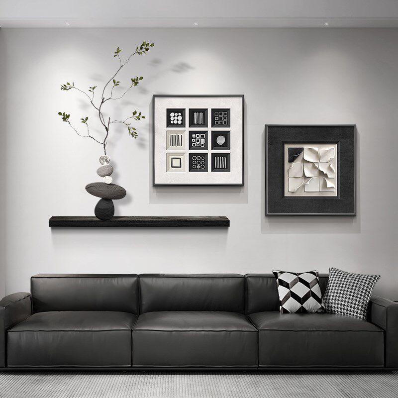 黑白灰抽象客厅装饰画简约现代沙发背景墙挂画高级感立体餐厅壁画
