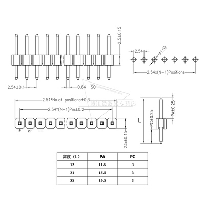 2.54mm间距排针加长针长脚17 u21 25 30mm直插单排双排1x40P 2*40
