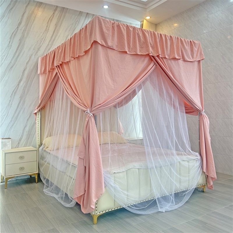 2025金辉新款床帘可四柱不锈钢支架遮光加厚布料水洗棉.两用床幔