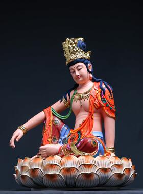 桧木精雕彩绘描金自在观音菩萨莲花底座神像摆件供奉佛像装饰品