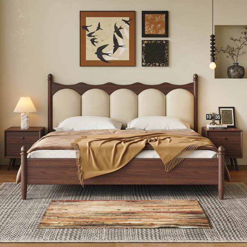 新中式床黑胡桃木实木床1米8双人床中古风床储物主卧2米x2米2大床