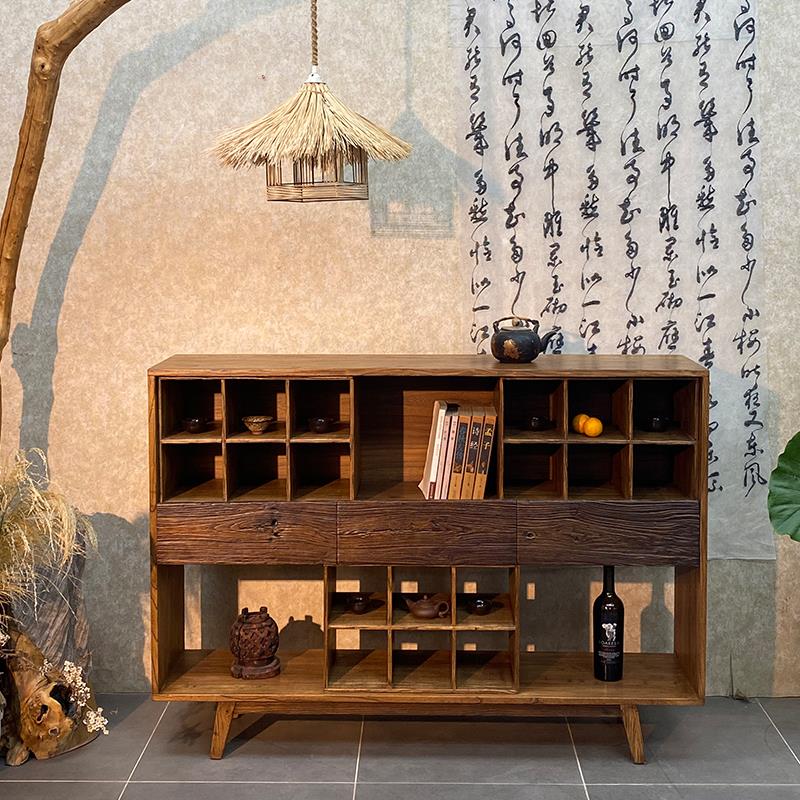 侘寂风餐边柜实木边柜茶水柜民宿复古玄关隔断装饰柜茶杯架展示柜