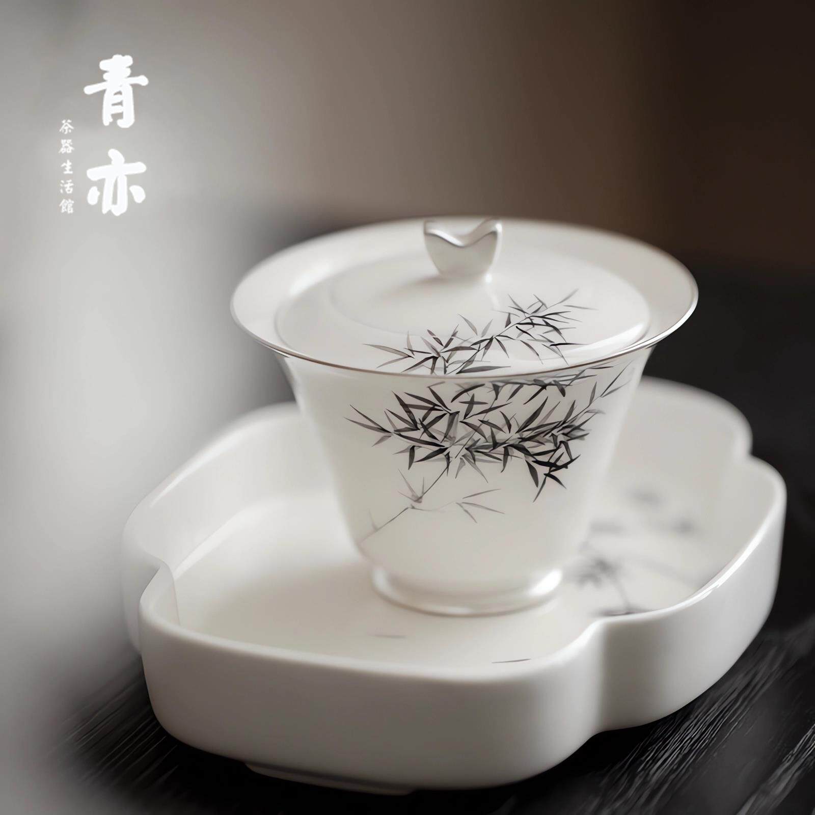 青亦丨鎏银手绘竹子盖碗单个高档手工陶瓷泡茶碗家用小号功夫茶具