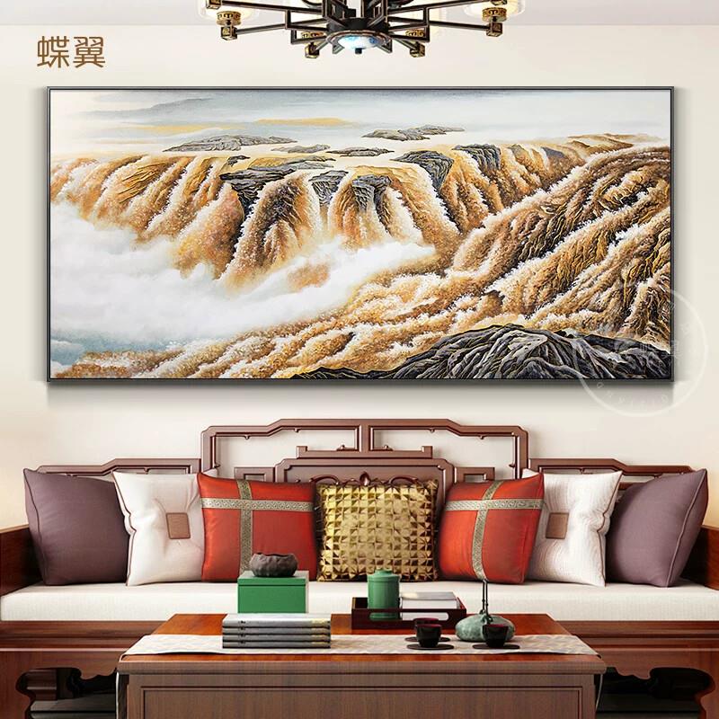 中式壁画背景墙手工掐丝珐琅彩装饰画黄河风景客厅大气办公室挂画
