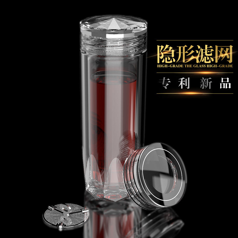 双层水晶玻璃杯男士高档商务水杯车载泡茶钻石杯个性订制刻字照片