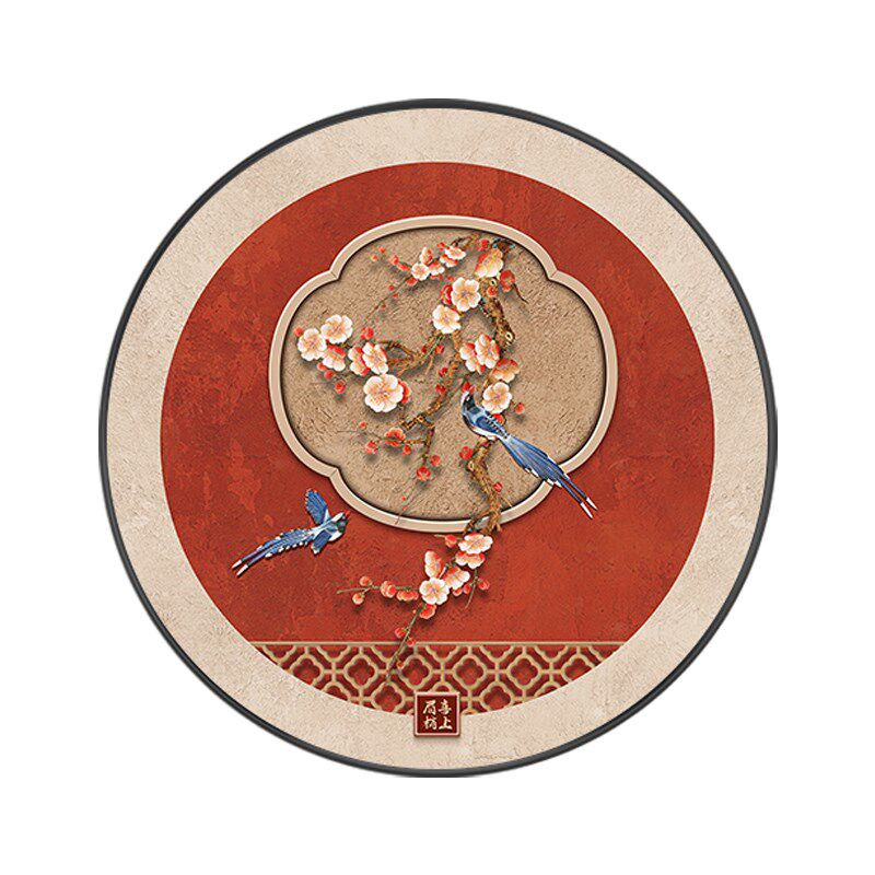喜上眉梢玄关装饰画新中式餐厅红色喜庆挂画客厅背景墙圆形花鸟画
