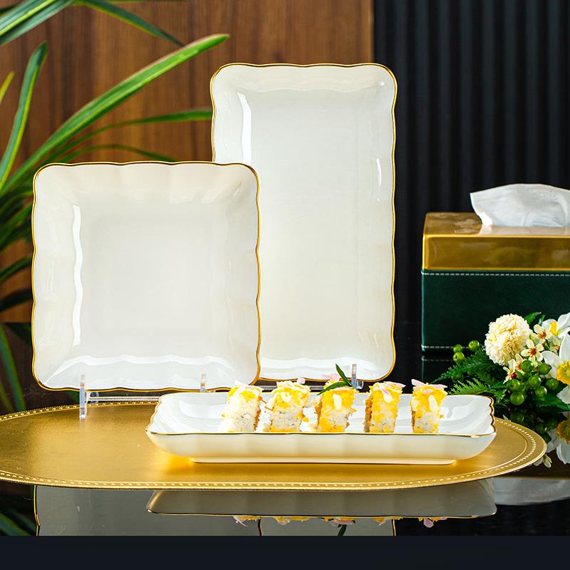 景德镇餐具纯白金边骨瓷盘子创意长方形盘家用蒸鱼盘陶瓷寿司盘