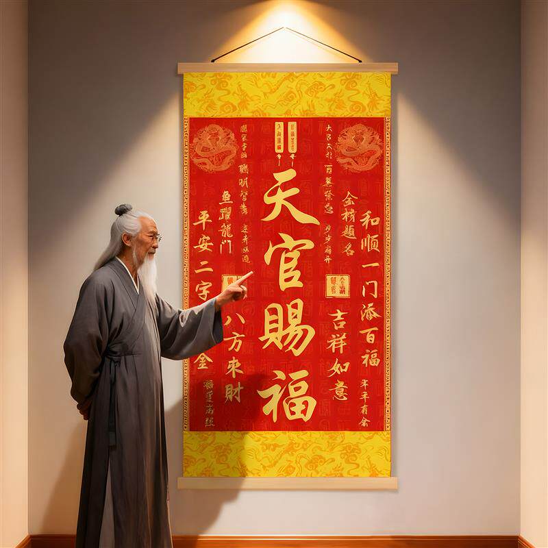 风水天官赐福麒麟挂画镇宅楼梯过道玄关客厅装饰画卷轴实木挂轴画