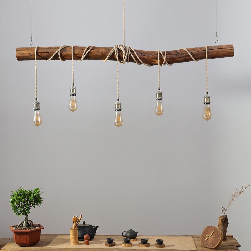 覆古实木餐厅吊灯民宿茶室吧台侘寂风树枝一字长条灯创意餐桌灯具