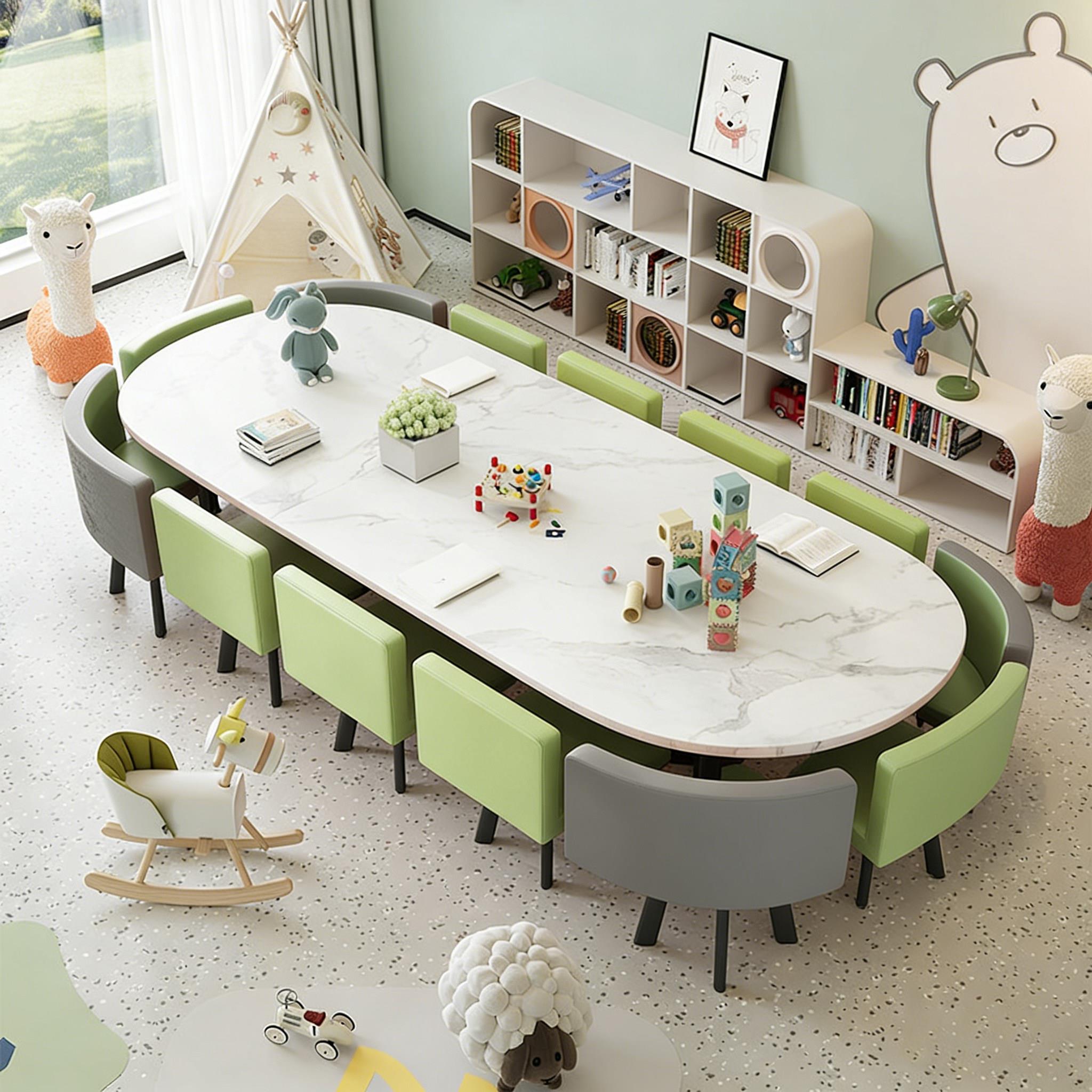 幼儿园专用桌子椭圆形长桌简约创意小学儿童阅读区多功能桌椅套装