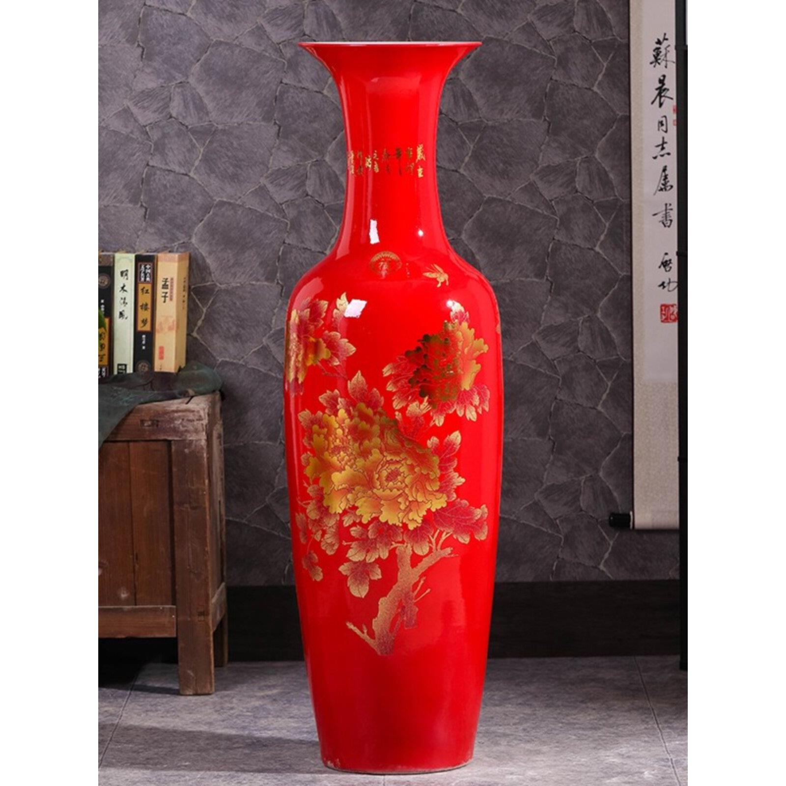 景德镇陶瓷器落地大花瓶金牡丹中国红摆件中式客厅特大装饰品送礼