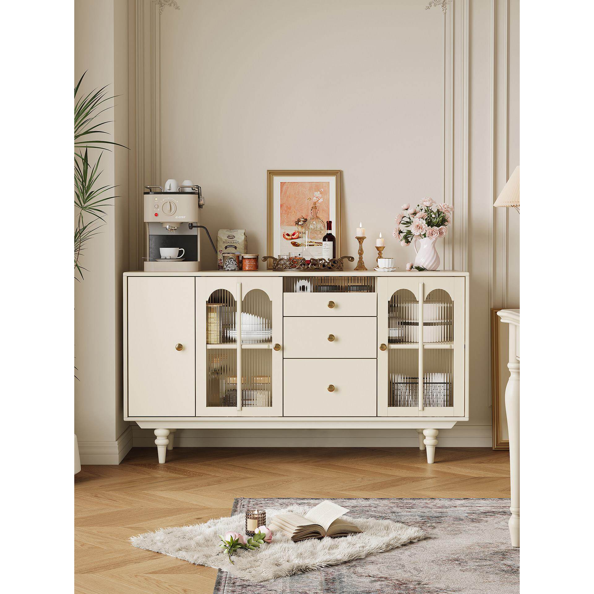 法式实木餐边柜靠墙一体家用多功能咖啡吧台储物柜厨房置物高柜子